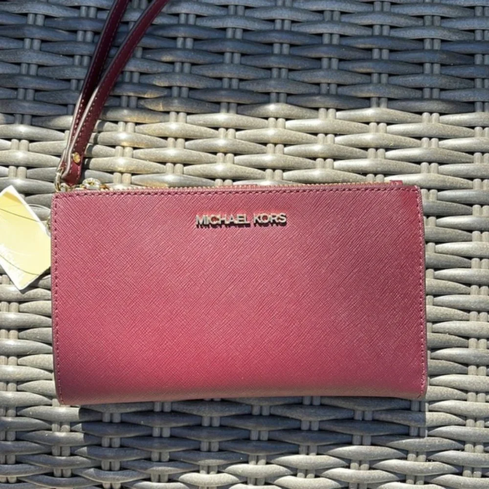 Michael Kors Jet Set Travel Large Double Zip Wristlet Wallet Dark Cherry Leather